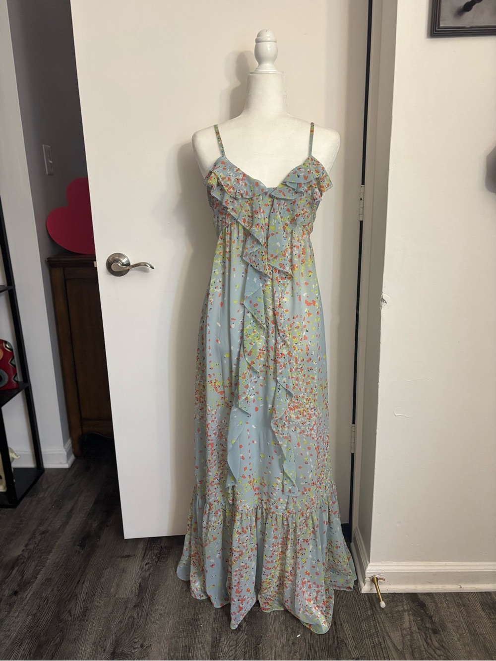 Light Blue with Print Ruffle Maxi Dress with Spaghetti Straps